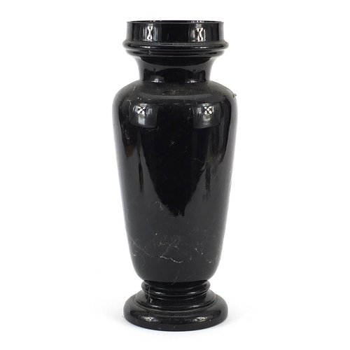 1229 - 19th century black opaline glass vase hand painted with flowers, 34cm high