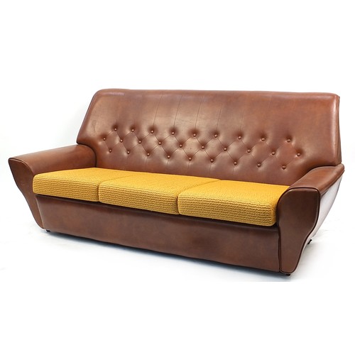 902 - 1970s three seater settee having brown leatherette upholstery, 80cm H x 160cm W x 80cm D