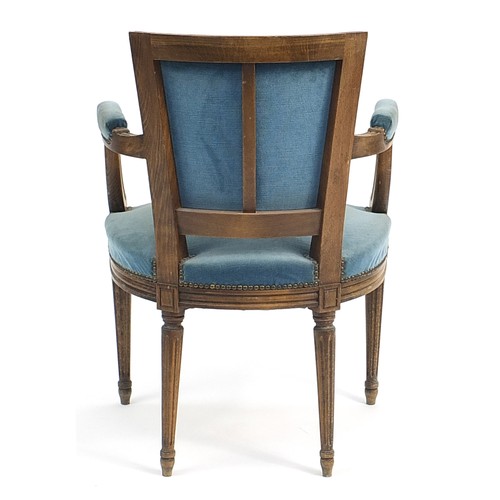 883 - French style walnut salon chair with blue upholstered back and seat, 88cm high