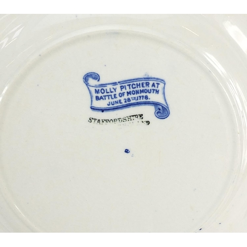 212 - Seven American interest War of Independence blue and white plates including Molly Pitcher at Battle ... 