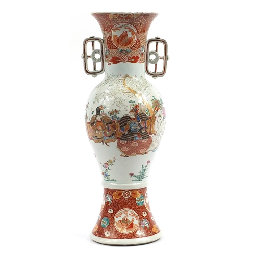 1172 - Large Japanese Kutani porcelain vase with twin handles hand painted with figures and flowers, 64cm h... 