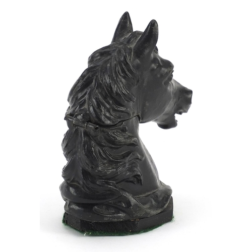 274 - Painted spelter horse head design inkwell design with glass liner, 17cm high