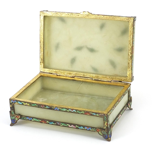 1329 - Chinese green jade casket with brass mounts having enamelled decoration, 13.5cm wide