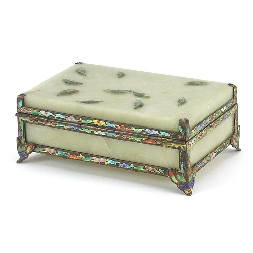 1329 - Chinese green jade casket with brass mounts having enamelled decoration, 13.5cm wide