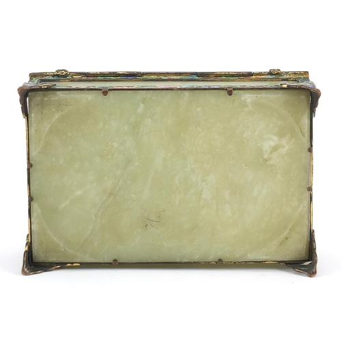 1329 - Chinese green jade casket with brass mounts having enamelled decoration, 13.5cm wide