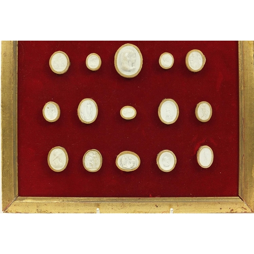 278 - Collection of Grand Tour plaster cameos arranged in two framed displays, the largest cameo 4cm x 3.5... 