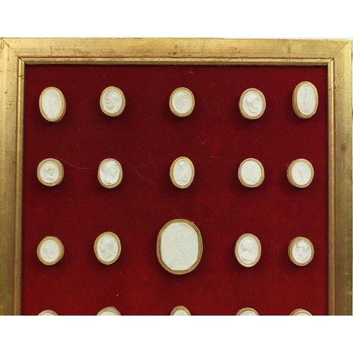 278 - Collection of Grand Tour plaster cameos arranged in two framed displays, the largest cameo 4cm x 3.5... 