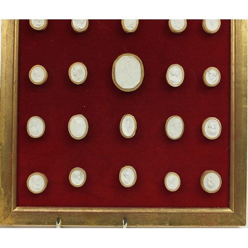 278 - Collection of Grand Tour plaster cameos arranged in two framed displays, the largest cameo 4cm x 3.5... 