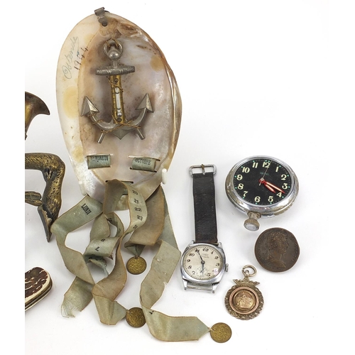 1297 - Objects including a gilt brass fox hunting plaque, naval interest sea shell barometer calendar and h... 