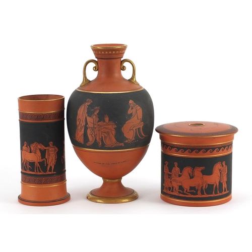 762 - Three Bishops Waltham Egyptian style vessels including a vase titled Ulysses Weeps at the Song of De... 