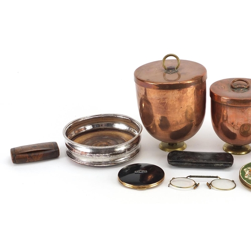 1337 - Objects including Victorian copper and brass caddies, silver plated wine coasters, compacts and snuf... 