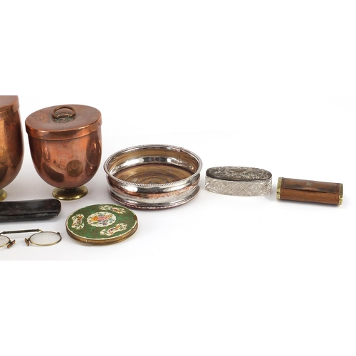 1337 - Objects including Victorian copper and brass caddies, silver plated wine coasters, compacts and snuf... 