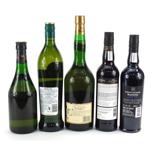 1393 - Five bottles of alcohol including Sylvain Calvedos and Blandy's Madeira