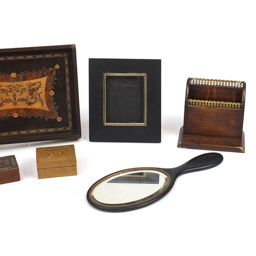 956 - Woodenware including a Sorento Ware tray, handkerchief box, ebony hand mirror with silver lettering ... 