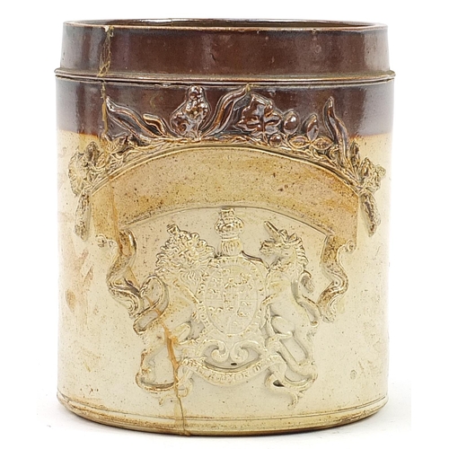 30 - 19th century military interest salt glazed marmalade pot with coat of arms, reputedly from the battl... 