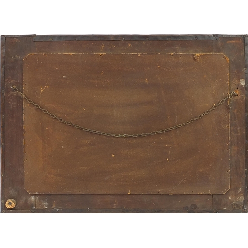 108 - Attributed to Liberty & Co, Arts & Crafts beaten copper wall mirror inset with three Ruskin type cab... 