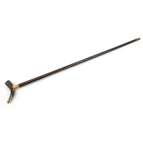 499 - Victorian coromandel walking stick with horn handle and 9ct rolled gold mounts, 94.5cm in length