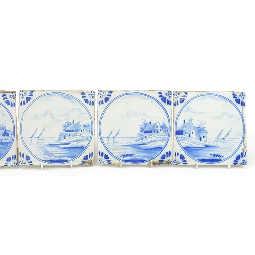 1238 - Set of six Delft tiles hand painted with landscapes, each 13cm x 13cm