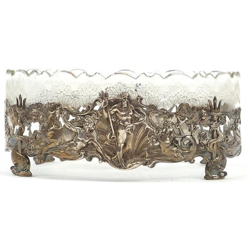 2220 - Unmarked silver and etched crystal fruit bowl profusely pierced and embossed with mythical sea creat... 