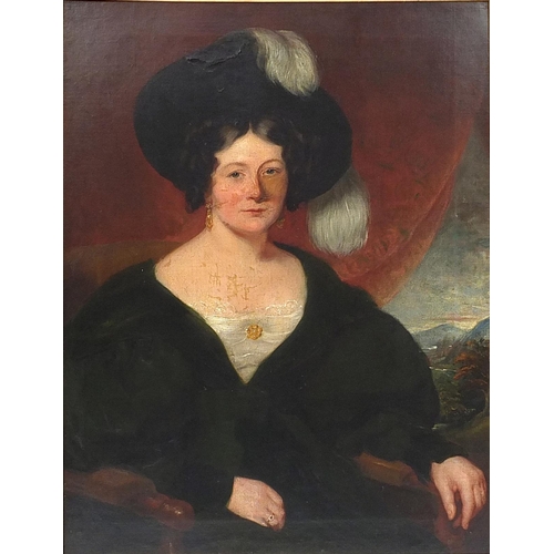 19 - Attributed to Philip Augustus Gaugain - Portrait of a seated lady wearing a feathered hat, mid 19th ... 