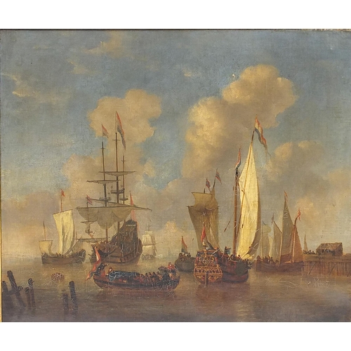 16 - Manner of Abraham Jansz Storck -  Dutch Men o'War, 18th century maritime oil on canvas, mounted and ... 