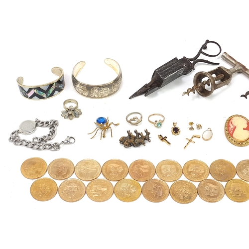 1358 - Objects including antique corkscrews, football '98 World Cup tokens and costume jewellery