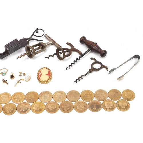 1358 - Objects including antique corkscrews, football '98 World Cup tokens and costume jewellery