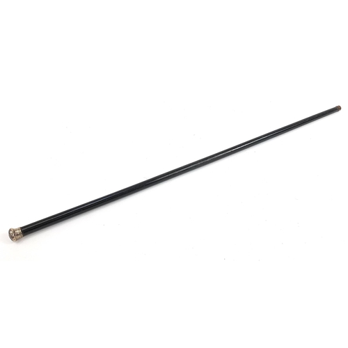 504 - Ebonised walking stick with sterling silver pommel enclosing a compass, 87.5cm in length