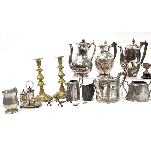 1333 - Antique and later metalware including a pair of Victorian brass candlesticks with pushers, pewter te... 