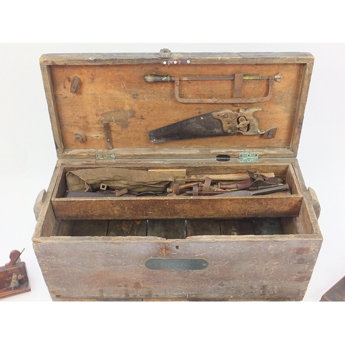 930 - Collection of vintage woodworking tools housed in an antique pine chest including wood planes, squar... 