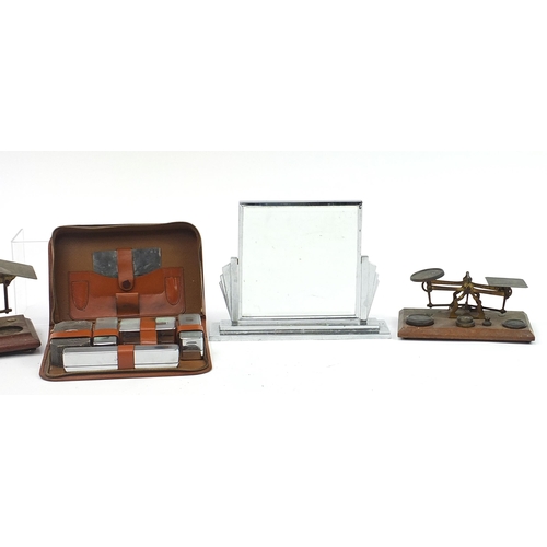 1107 - Sundry items including Art Deco style mirror, S Mordan letter scales and a travelling vanity case, t... 