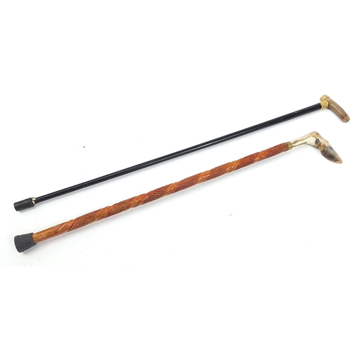 1131 - Two walking sticks with horn and deer foot handles, the largest 93cm in length