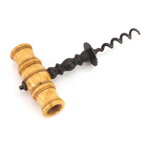 282 - 19th century steel straight pull corkscrew with bone handle, 14.5cm in length