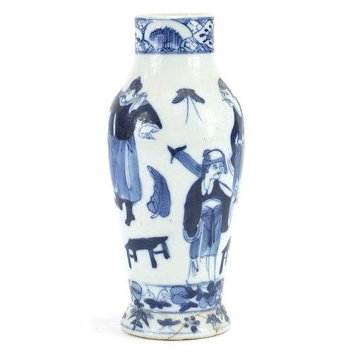 561 - Chinese blue and white porcelain baluster vase hand painted with figures, 15.5cm high