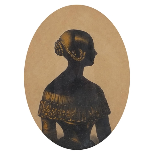 120 - 19th century oval hand painted silhouette miniature of a young female housed in an ebonised frame, i... 