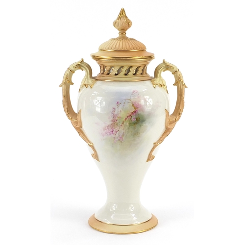73 - Harry Davis for Royal Worcester, Victorian porcelain vase and cover with twin handles hand painted w... 