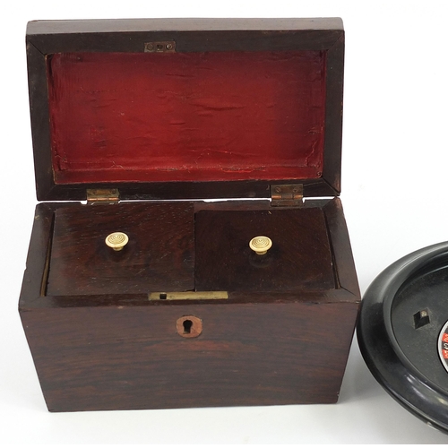 759 - Victorian mahogany tea caddy with twin divisional interior and vintage Bakelite roulette wheel, the ... 