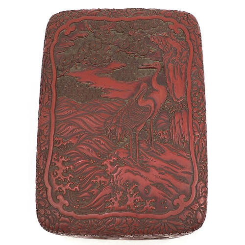 204 - Large Chinese cinnabar lacquer box and cover carved with cranes in a landscape, 12cm H x 27.5cm W x ... 