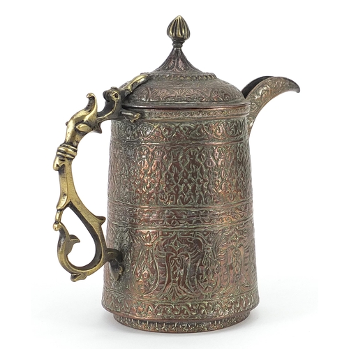 752 - Islamic copper water pot with brass knop and animalia handle