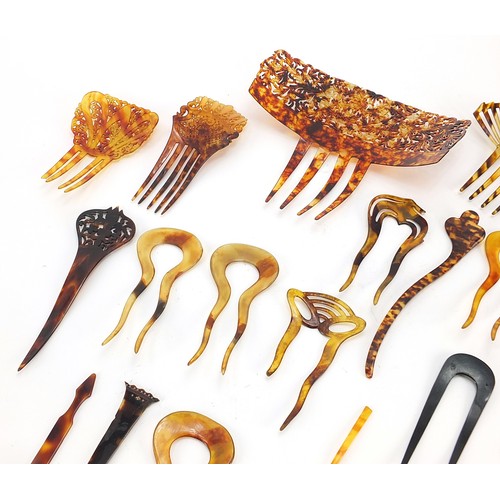 755 - Collection of vintage faux tortoiseshell hair pieces and combs, the largest 19.5cm wide