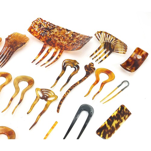 755 - Collection of vintage faux tortoiseshell hair pieces and combs, the largest 19.5cm wide