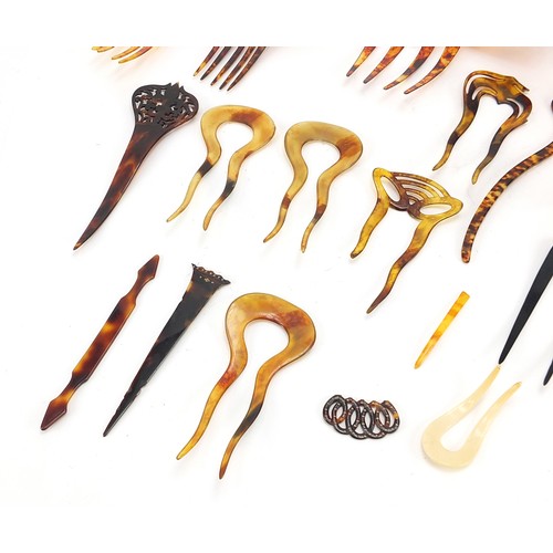 755 - Collection of vintage faux tortoiseshell hair pieces and combs, the largest 19.5cm wide