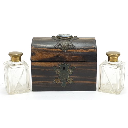 475 - Victorian coromandel dome topped scent bottle box with brass mounts and inset Jasperware panel housi... 