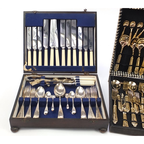 1359 - Three canteens of silver plated, gold plated and stainless steel cutlery, the largest canteen 48cm w... 