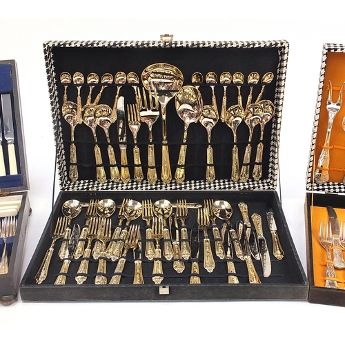 1359 - Three canteens of silver plated, gold plated and stainless steel cutlery, the largest canteen 48cm w... 