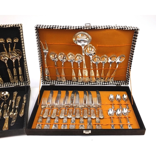 1359 - Three canteens of silver plated, gold plated and stainless steel cutlery, the largest canteen 48cm w... 