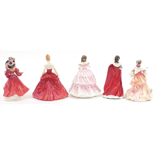 546 - Five Royal Doulton figurines comprising Elizabeth HN5154, Red Red Rose HN3994, Rose HN3709, Queen An... 