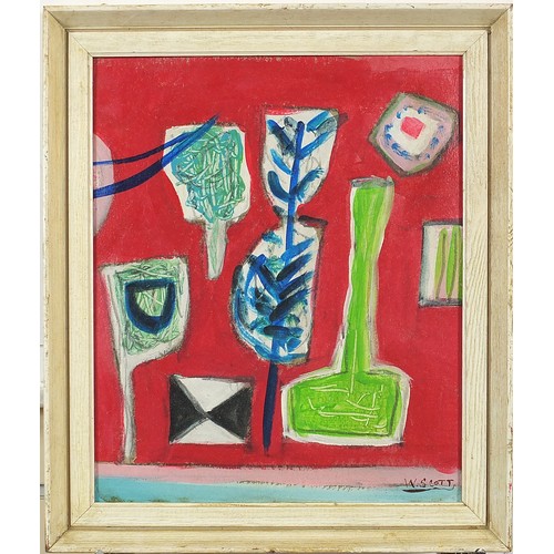 1029 - After William Scott - Abstract composition, still life, oil on board, mounted and framed, 29cm x 24c... 