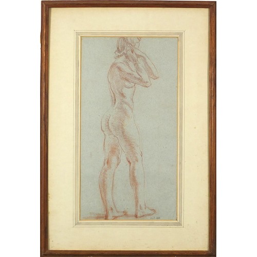 364 - Full length portrait of a standing nude female, sanguine chalk, inscribed in ink verso Charles Wheel... 