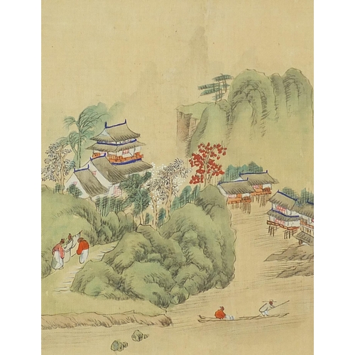 1402 - Mountainous landscapes and pagodas, pair of Chinese watercolours on silk, one with character marks a... 